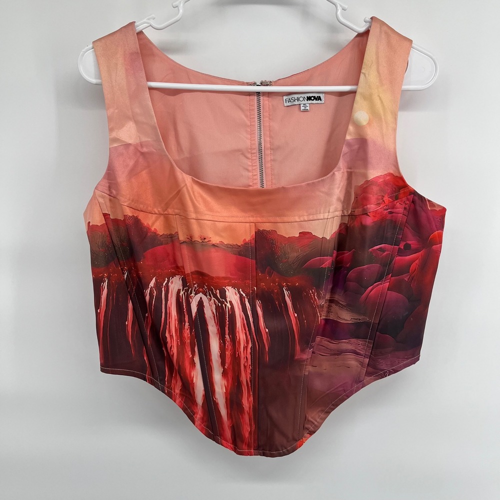 Fashion Nova Womens XL Corset Crop Top Landscape Waterfall Desert Scene Festival